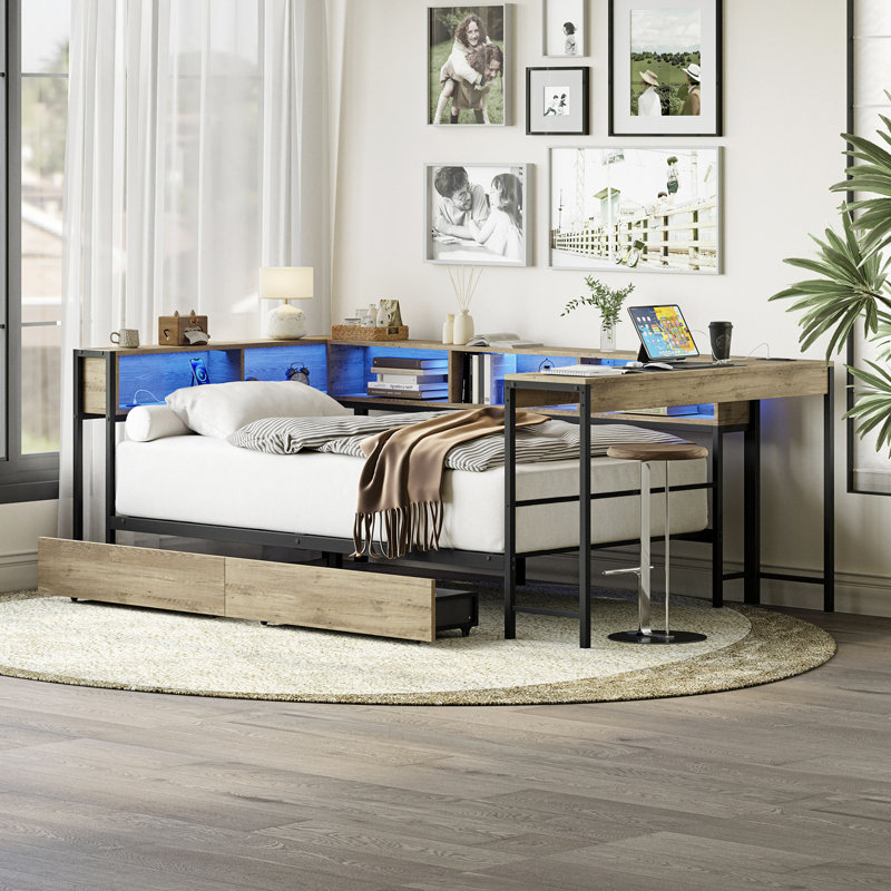 Corner Bed Frame With Bookcase And 2 Underbed Storage Drawers, Modern  Bed With LED Light And Charging Station, Modern Daybed Reversible Left Or Right