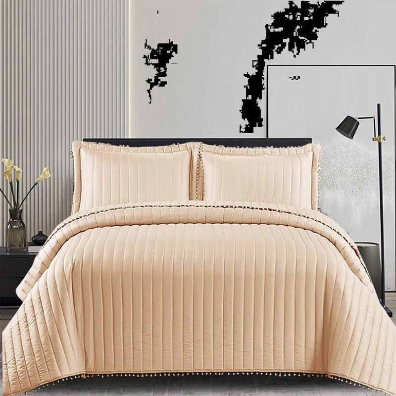 Microfiber / Polyester Bedspread with Pillow Shams, Double Bedspread + 2 Standard Shams, Beige