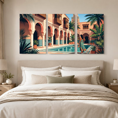 Ensemble de 3 toiles marocaines, cour marocaine avec arches et piscine