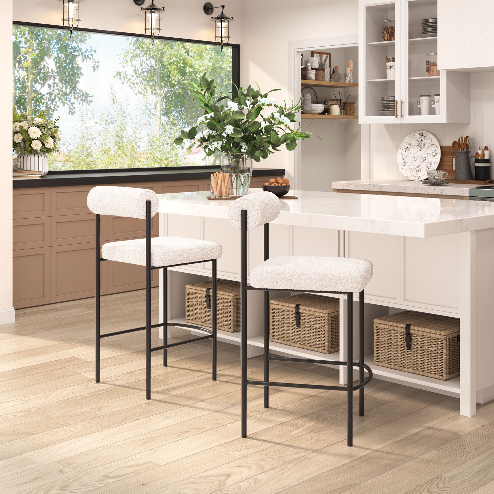 Livorno Upholstered Counter Stool with Metal Frame, Counter Stool (26" Seat Height), White, Black