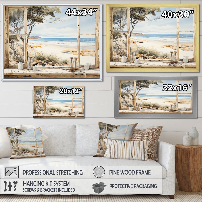 «Beachside Cottage Charm I - Coastal Windows», art mural, Cadre flottant doré, H 24 po x l 32 po x P 1 po