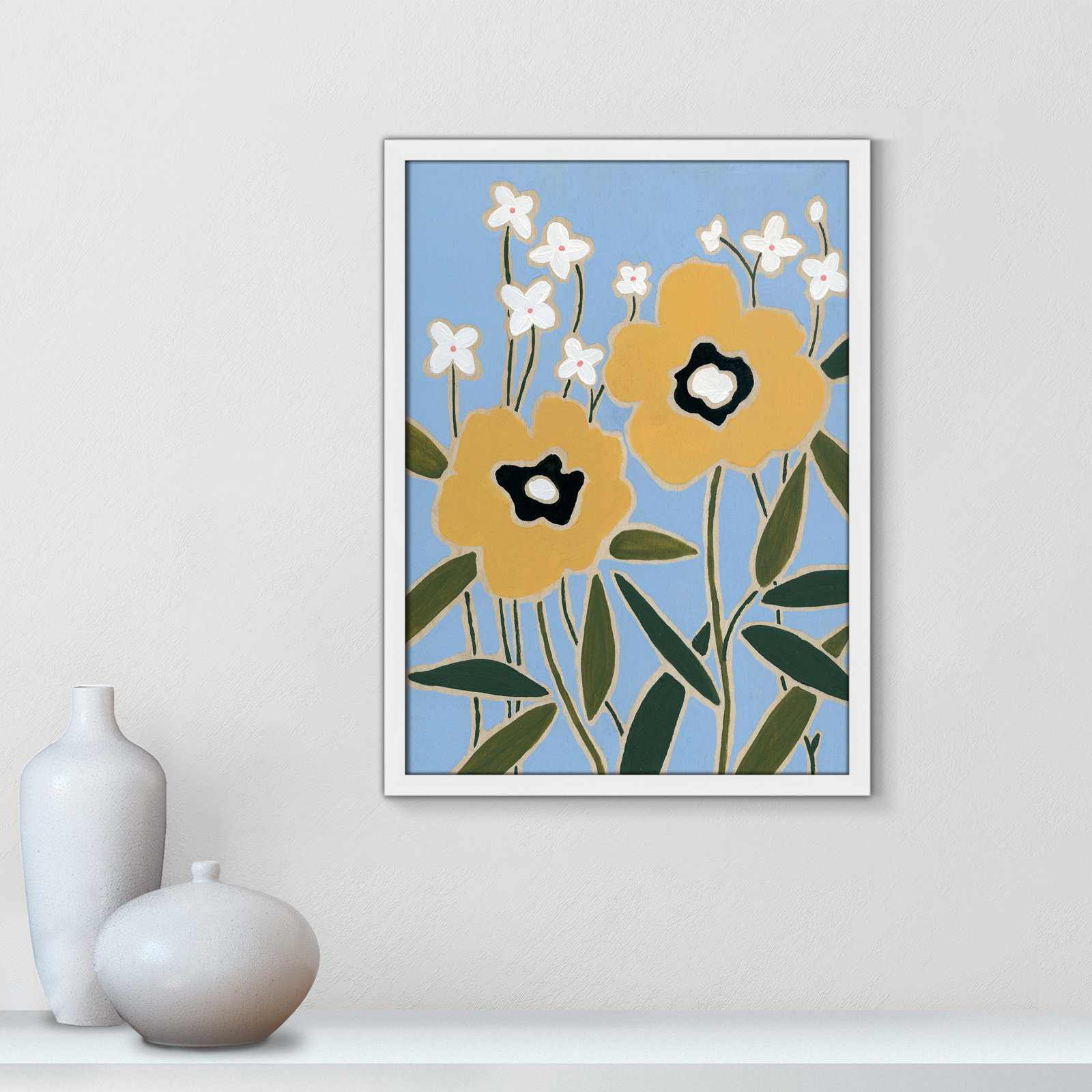 Maura "Woodblock Floral II" Print, 23" H x 17" W x 1.25" D, Satin White Framed