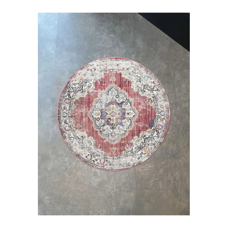 Red Themed Multicolored Traditional Motif Patterned Woven Base Round Decorative Carpet, Round 2'8"