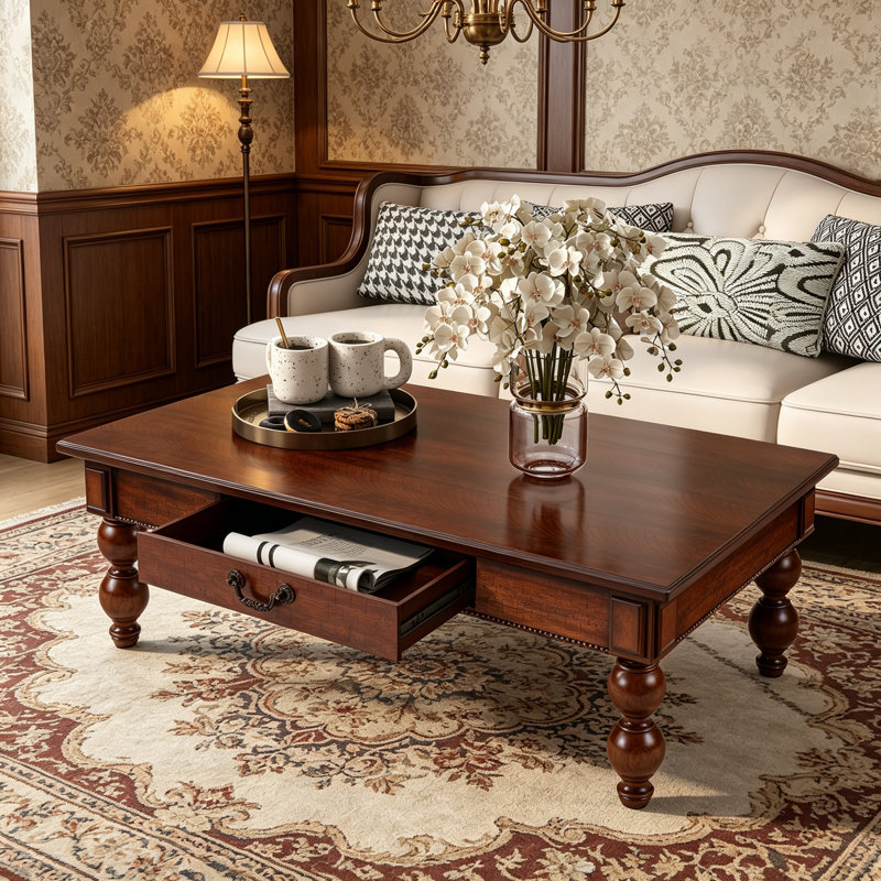 Table basse rectangulaire en bois avec tiroir de rangement, table de cocktail rétro avec pieds en bois massif en forme de gourde pour le salon, assemblage sans outils