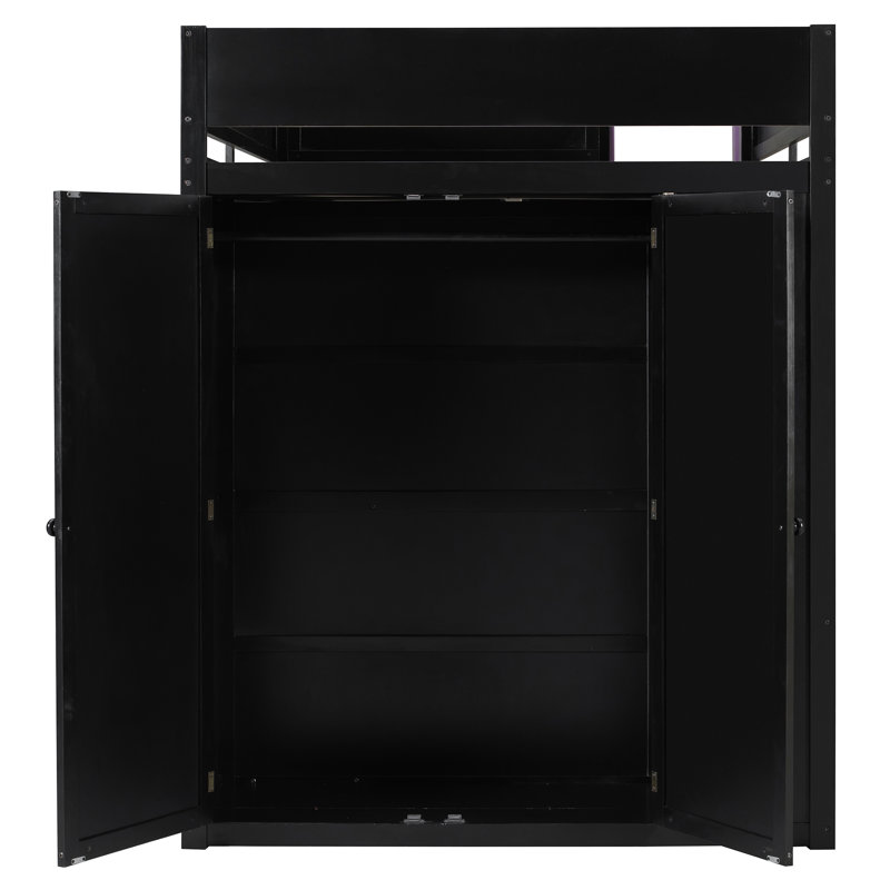 Lit mezzanine double avec bureau de rangement, bois de pin en MDF, salle de jeux moderne, Black;Purple