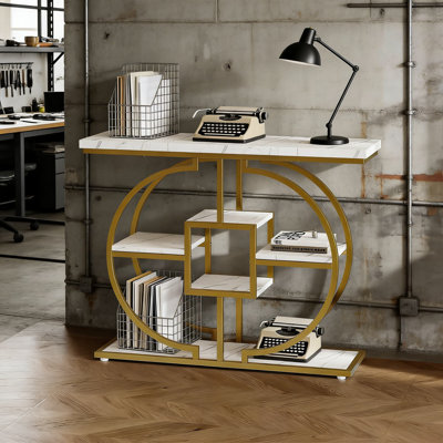 Industrial Console Table With Circle Base And Rustic Wood Shelves, 4-Tier Sofa Table With Storage For Entryway, Living Room, Or Hallway