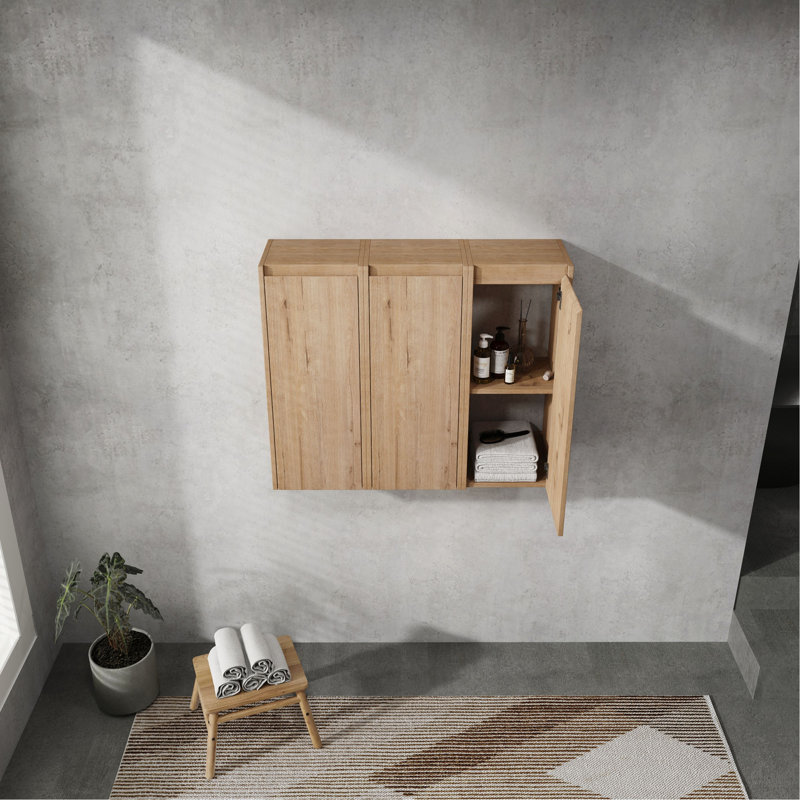 Bathroom Side Cabinet, 3-Soft Close Doors, Float Mounting Design, 12*3(KD-Packing), Imitative Oak