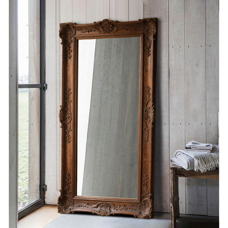 European Carved Solid Wood Frame High Definition Full Length Mirror, 70.87" H x 31.5" W, Brown