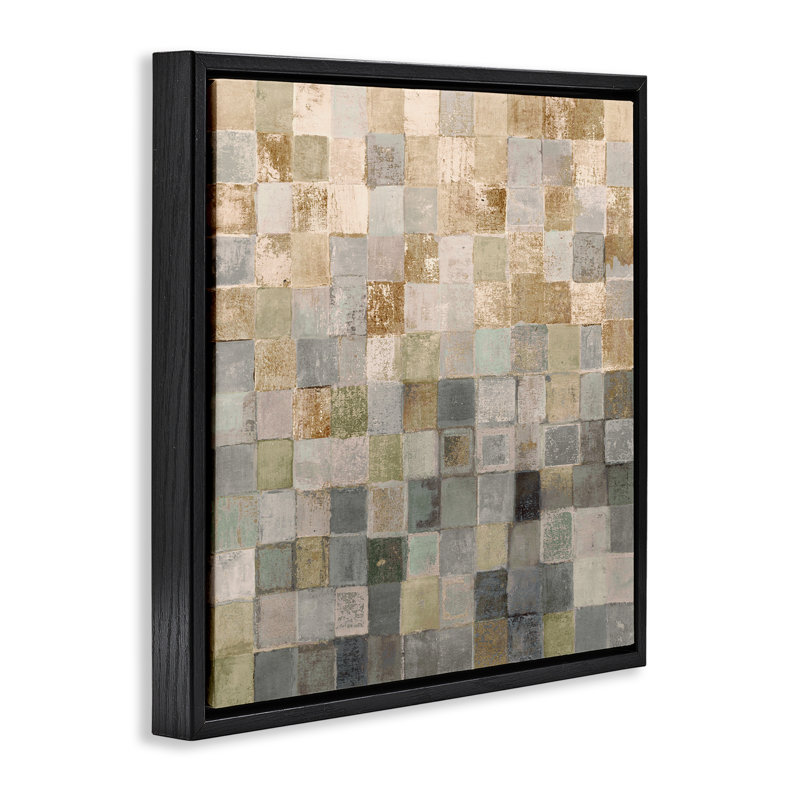 "Alternating Beige & Grey Squares", art mural par Lorenzo Collective, Cadre flottant noir de jais, H 18 po x l 18 po