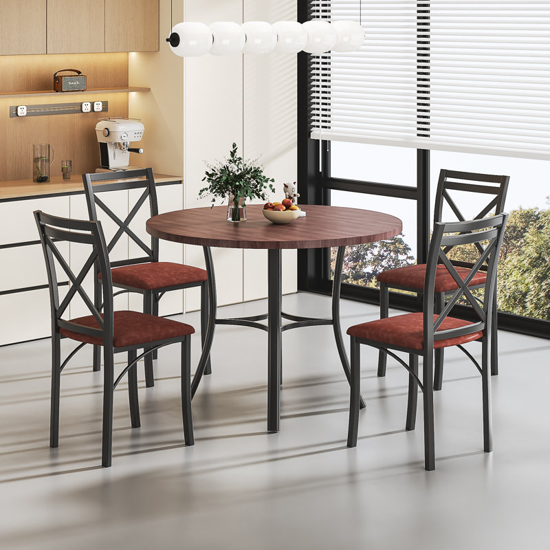 Kasandra 4 - Person Four Leg Dining Set, 5 Piece Dining Table Set for 4, Round Kitchen Table and 4 Metal Dining Chairs with Faux Leather Seats, Small Space Table Set for Kitchen, Dining Room, Breakfast Nook, Apartment