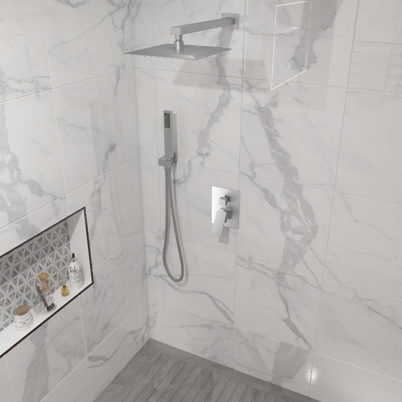 Ensemble de douche à valve à pression équilibrée 2 fonctions avec plateau carré en acier inoxydable