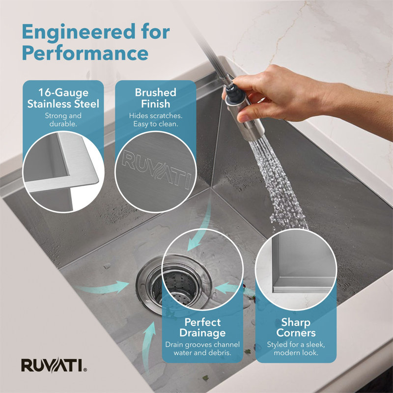 Ruvati Workstation Ledge Undermount 16 Gauge Stainless Steel Kitchen Sink Single Bowl, 15" L x 13" W
