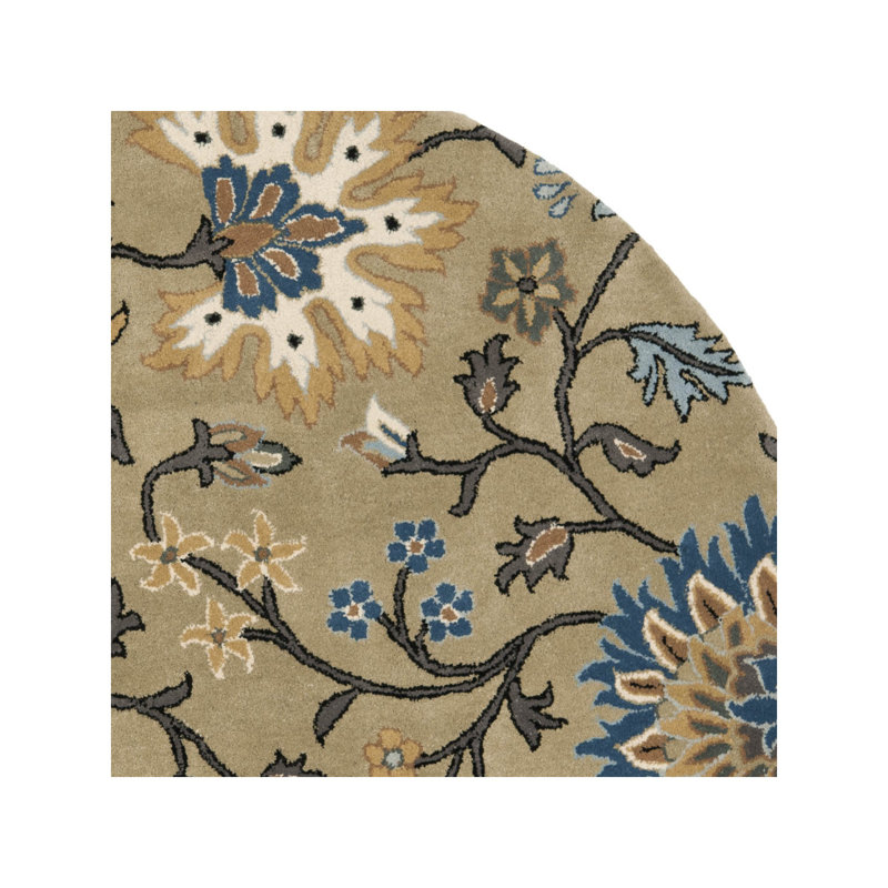 Handmade Round Beige and Blue Wool Floral Rug