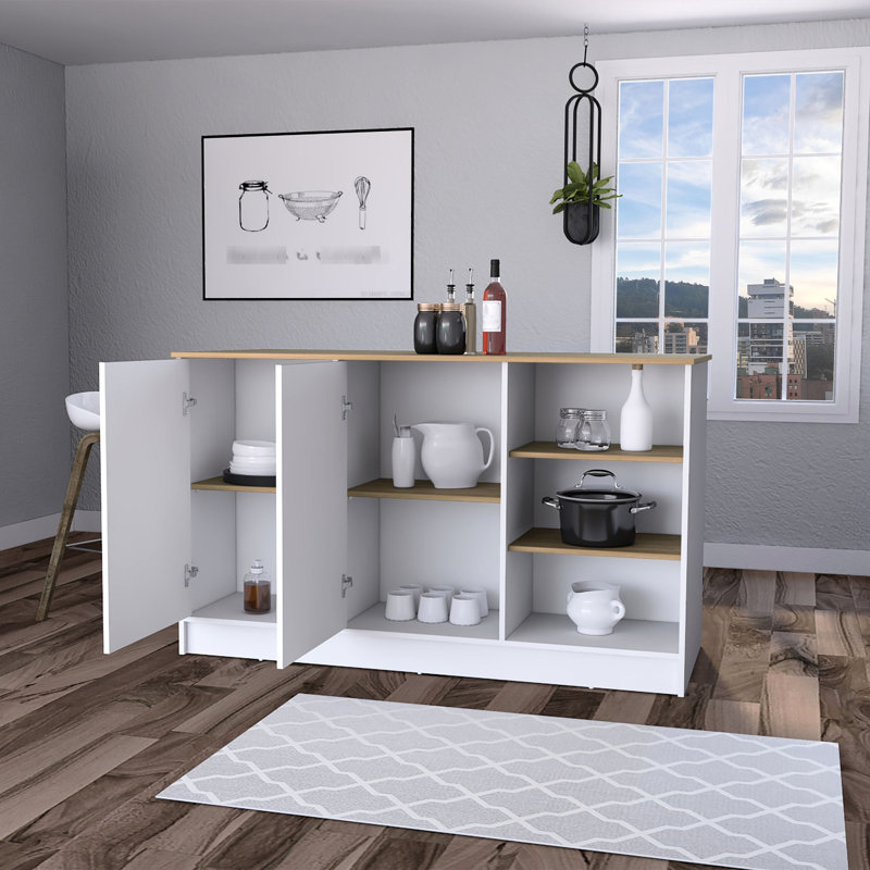 2-Door Kitchen Island With 3 Open Shelves In Sophisticated White Ash Modern Enclosed Space And Ample Storage