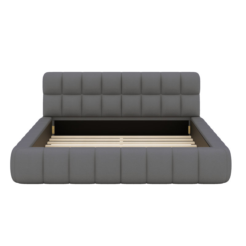 Lit plateforme au sol avec tissu en lin et lattes robustes de soutien, Gris