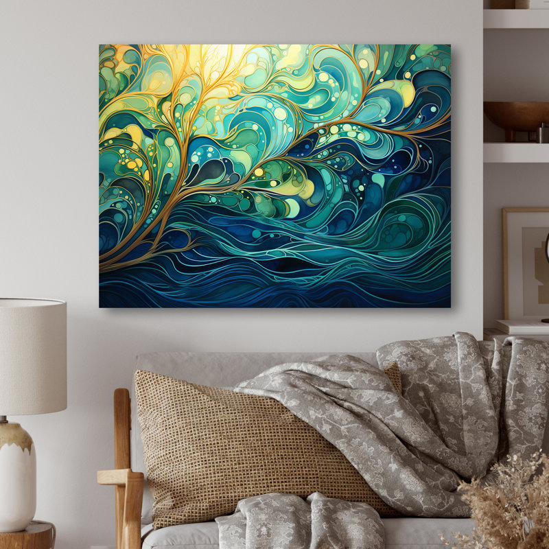 Encre brillante verte et jaune II - Collages abstraits, art mural en métal MT131613, H 30 po x l 40 po x P 1,5 po