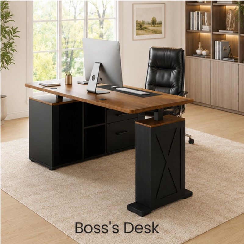 Bureau d'angle électrique en forme de L (140 cm x 120 cm) avec tiroirs de rangement, hauteur réglable, prises électriques, plateau relevable, style ferme, idéal pour le télétravail.