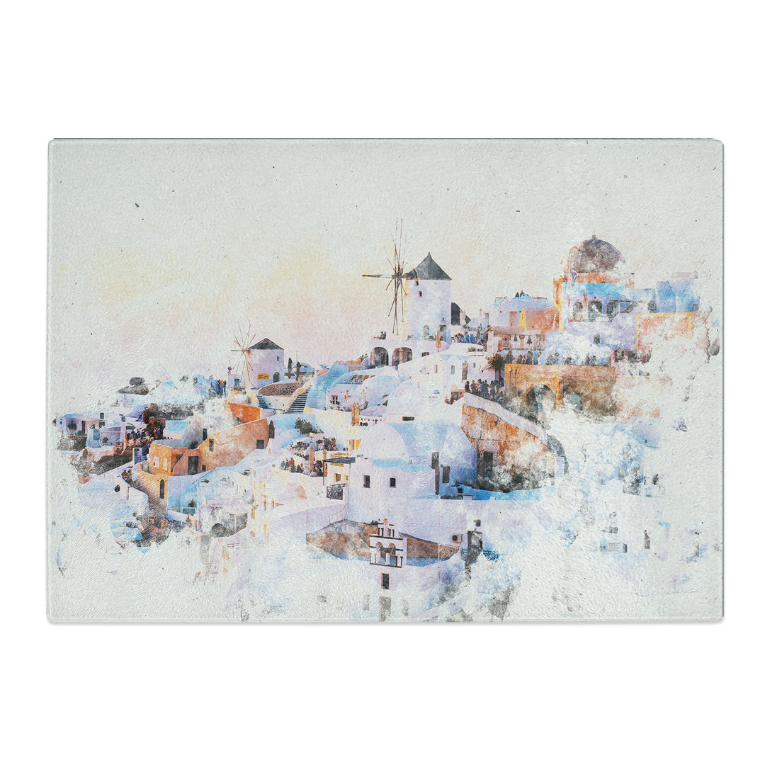Tempered Glass Oia Santorini Skyline in Greece Chopping Board
