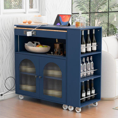 K&K Rolling Kitchen Island With Extended Table, Kitchen Island on Wheels with LED Lights,Power Outlets and 2 Fluted Glass Doors, Kitchen Island with a