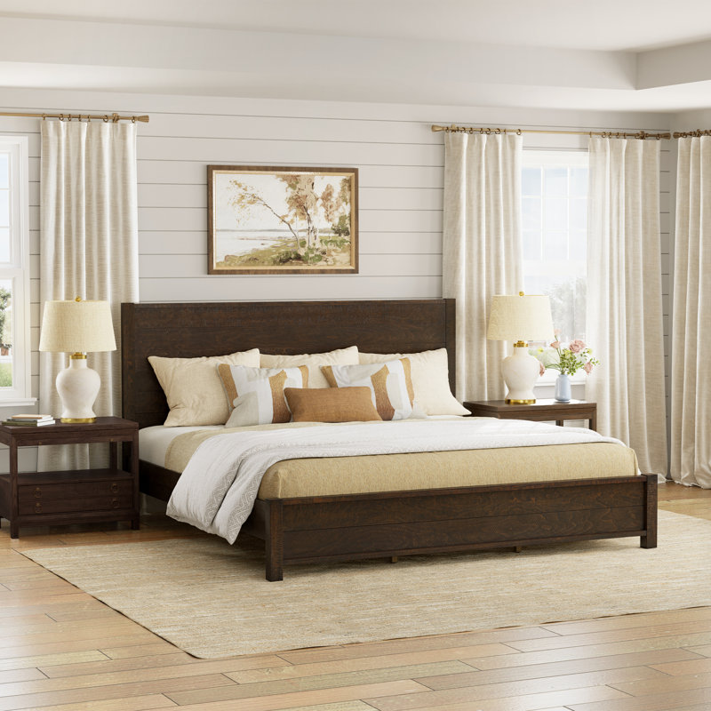 Echo Farmhouse Solid Wood Platform Bed, Distressed Panel Bed Frame, Rustic Country Cottage Style, King, Dark Walnut