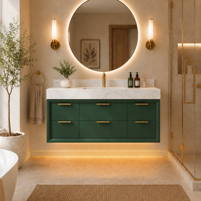  48" Modern Wall Mounted Single Bathroom Vanity with Engineered Stone Top, LED Light, 6 Soft Close Drawers