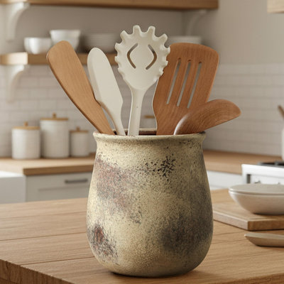 6.8" H Wide Mouth Large Capacity Rustic Utensil Holder for Kitchen Counter, Modern Farmhouse Cooking Utensil Crock and Holder Home Kitchen Decor