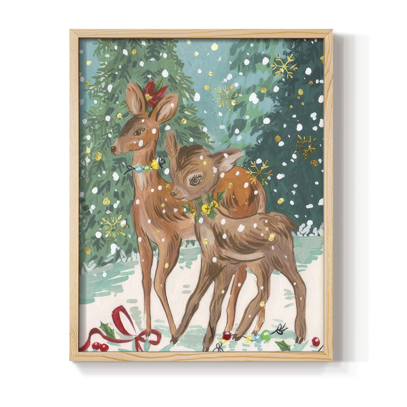 «Doe and Fawn I», reproduction encadrée - bois massif, Naturel, H 30 po x l 24 po