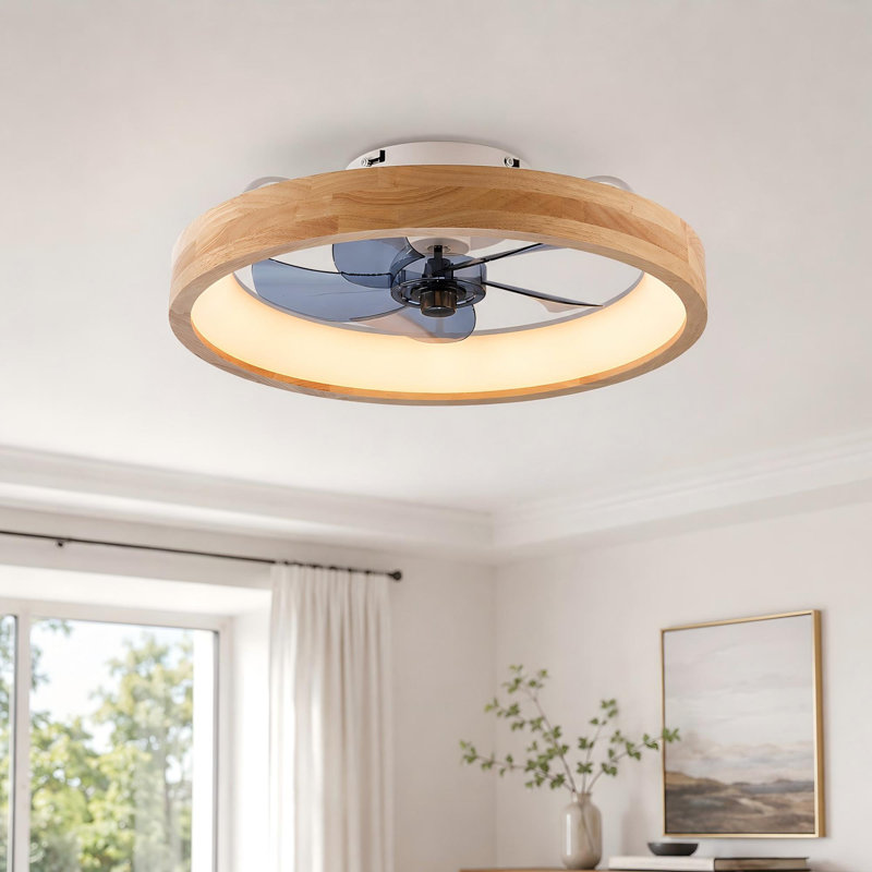 19.7" Natural Wood Caged Flush Mount Ceiling Fans 