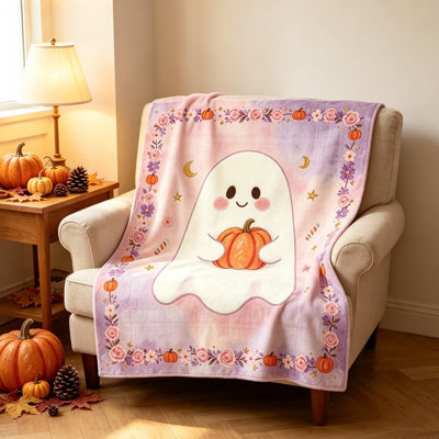 Décoration d'Halloween : Couverture en polyester mignonne avec citrouille fantôme et motif citrouille, idéale pour décorer un canapé ou un lit.