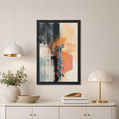 Poutres d'acier et lignes de quadrillage sur fond orange - Tableau mural sur toile