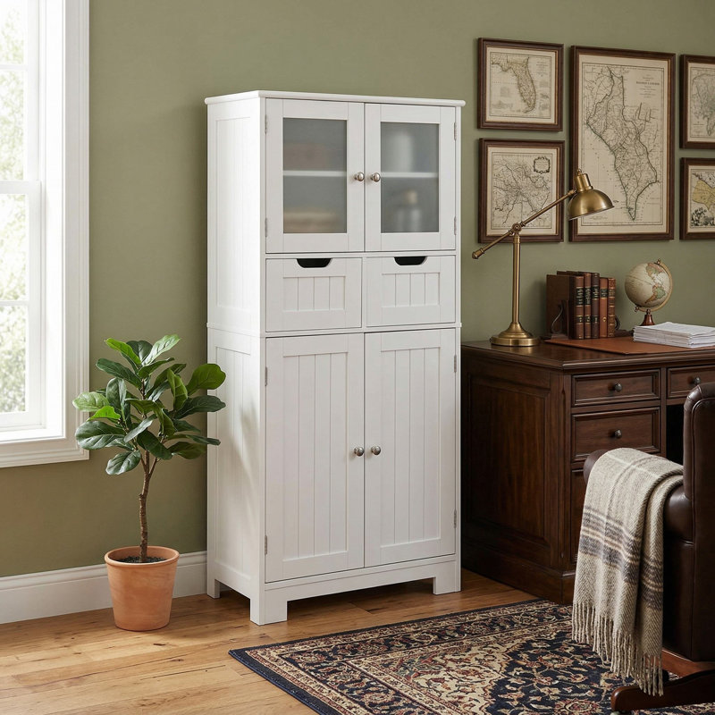 Armoire de rangement de salle de bain autoportante robuste à grande capacité à 4 portes résistante à l'eau avec 2 tiroirs coulissants et portes vitrées transparentes pour la salle de bain