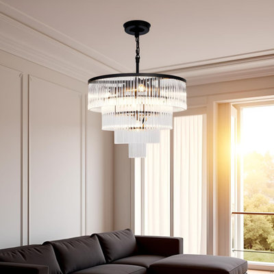 Modern Crystal Chandelier With Multi-Tier Cascading Design, Black Finish Metal Frame And Cylindrical Glass Rods For Dining Room, Living Room, Bedroom Or Entryway Luxury Lighting