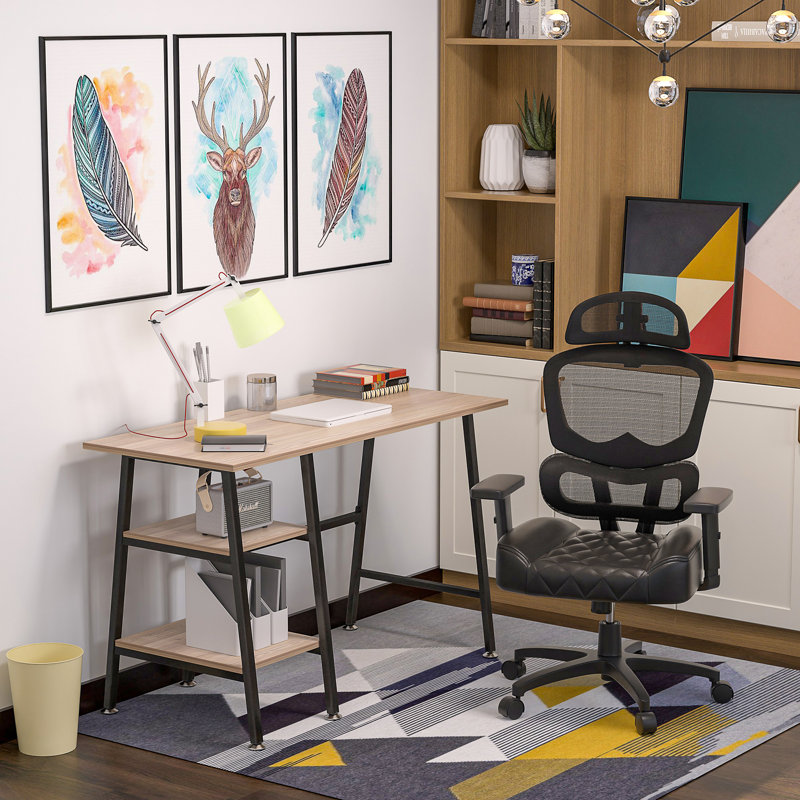 Kempst 43 Inch Computer Desk with Storage Shelves, Home Office Writing Desk, Study Table for Small Space, Light Brown