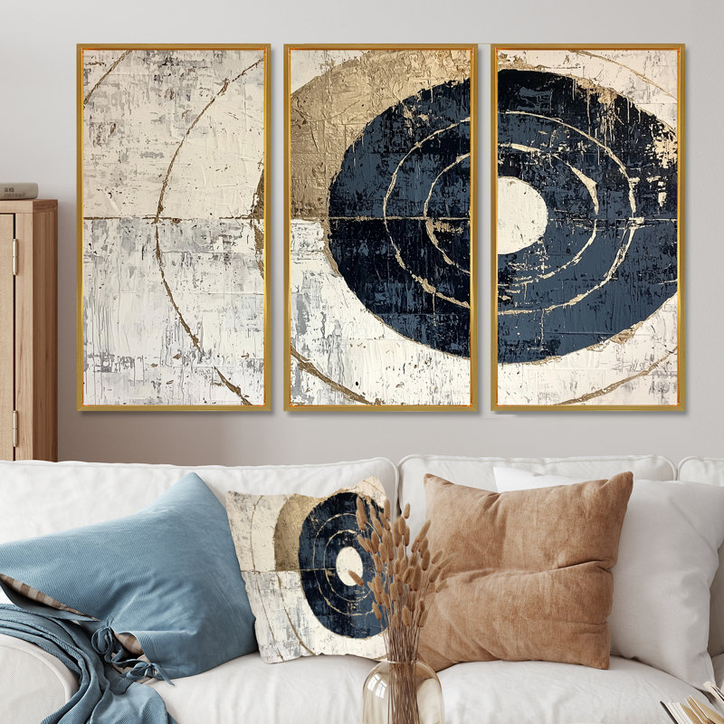«Beige et bleu», ensemble d'impressions d'art mural abstrait spirale céleste «I», H 28 po x l 36 po, Doré