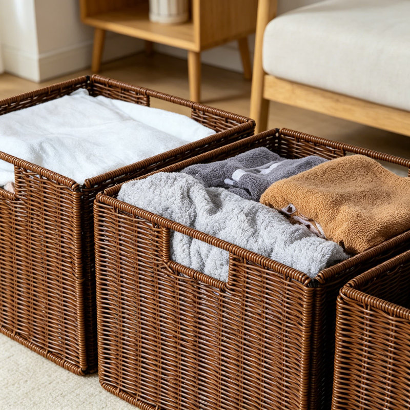 Handwoven Wicker Storage Basket With Handles, Foldable Organization Bin For Shelves, Pantry, Kitchen And Bathroom