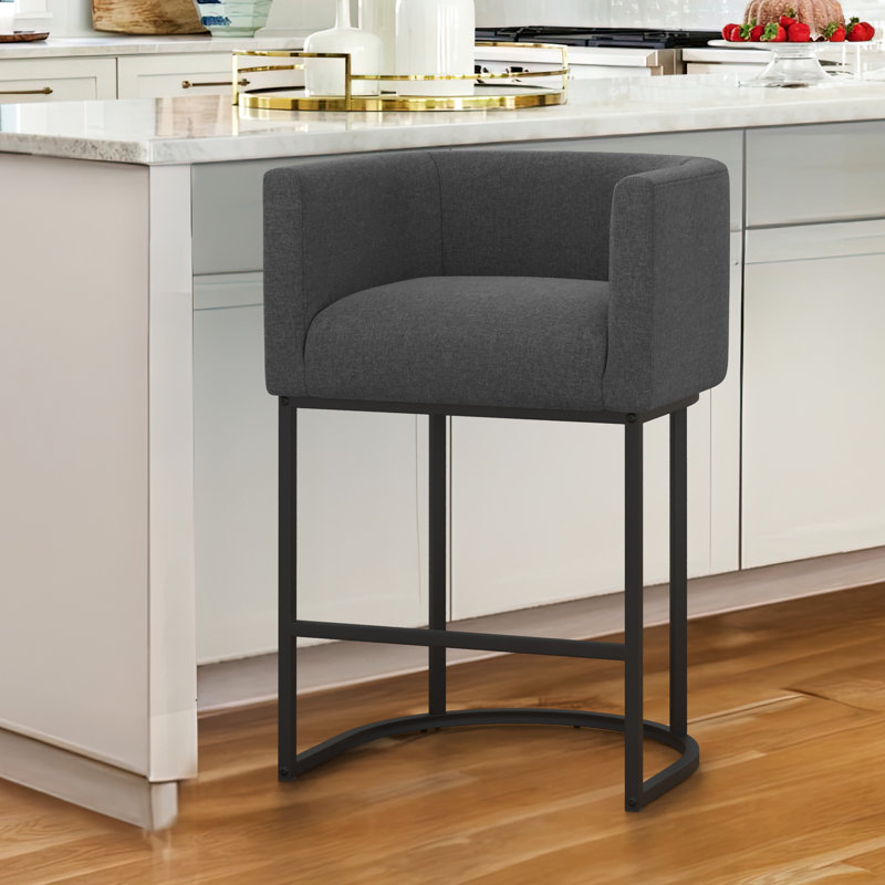 Tabouret de bar H 33,5 po Christlyn, Siège gris carbone / structure noire, Lin lin