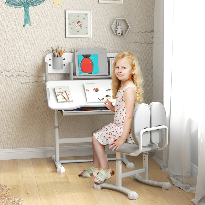Ensemble de bureau et de chaise à hauteur réglable pour enfants avec support de lecture, Gris