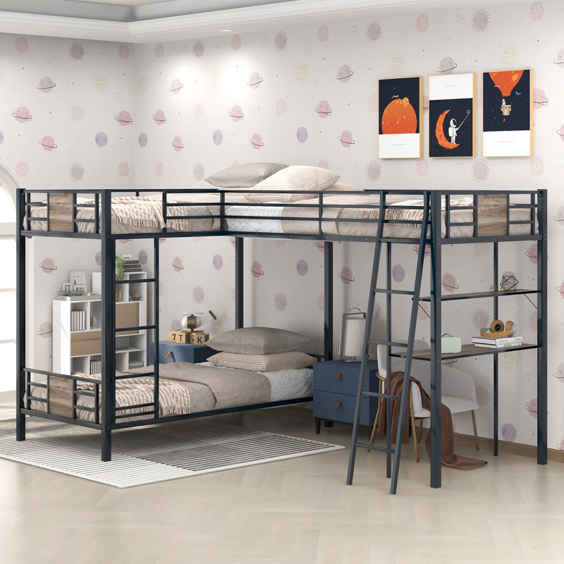Lit superposé en L avec lit mezzanine avec bureau et tablette pour chambre d'enfant