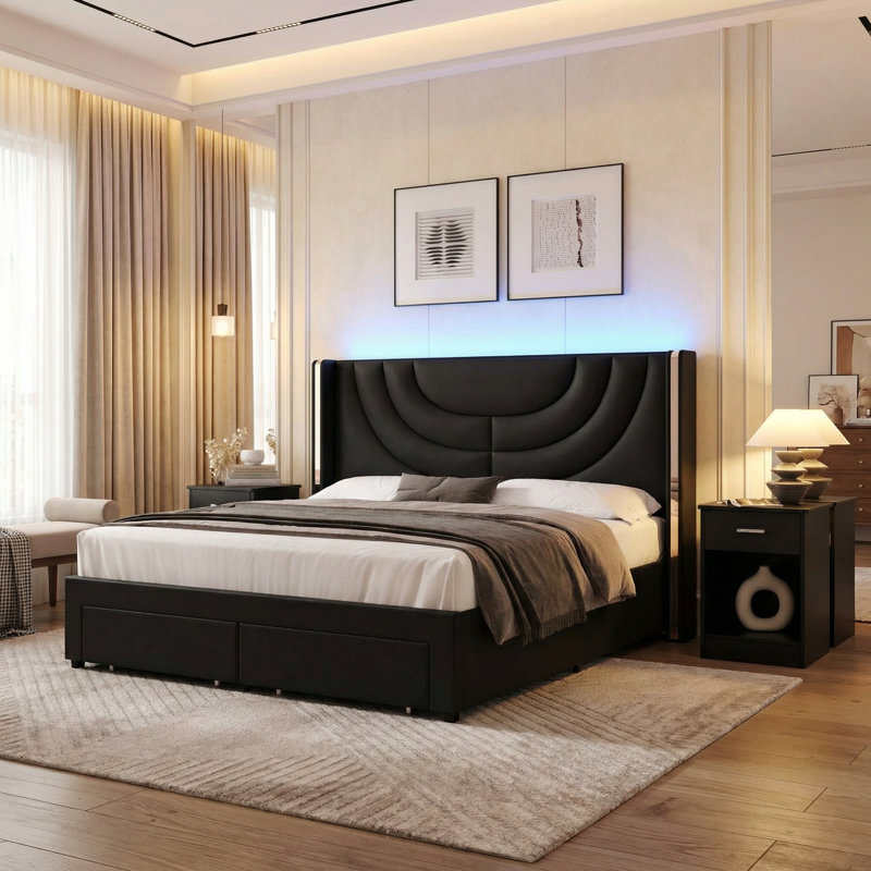 Ensemble de chambre à coucher 3 pièces, lit tapissier à lumière ambiante avec 2 tiroirs et 2 tables de chevet classiques