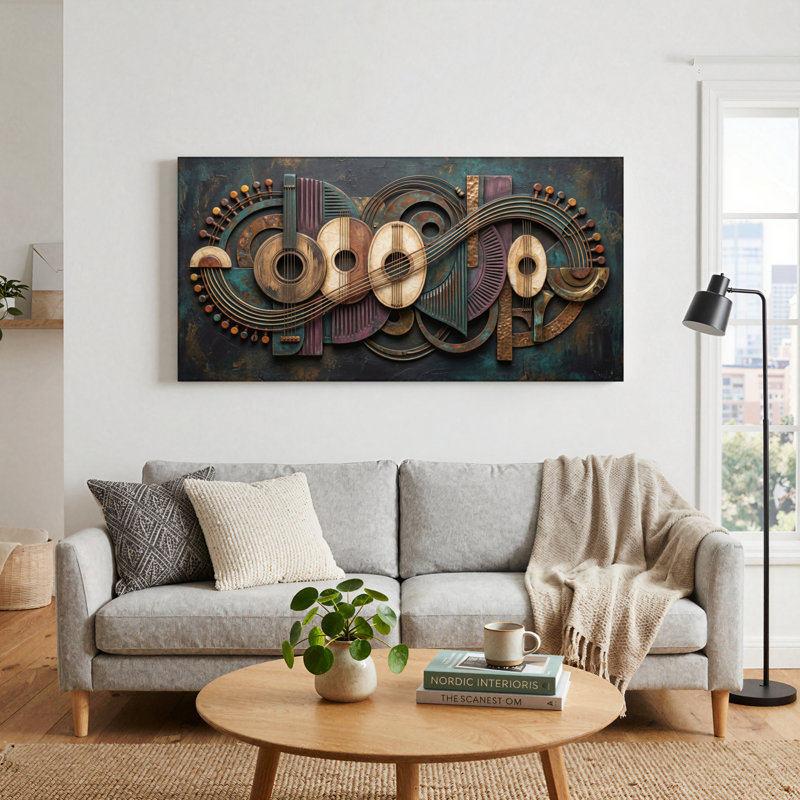 Ensemble de 1 tableau sur toile représentant des instruments de musique, L 40 po x H 20 po, Toile tendue