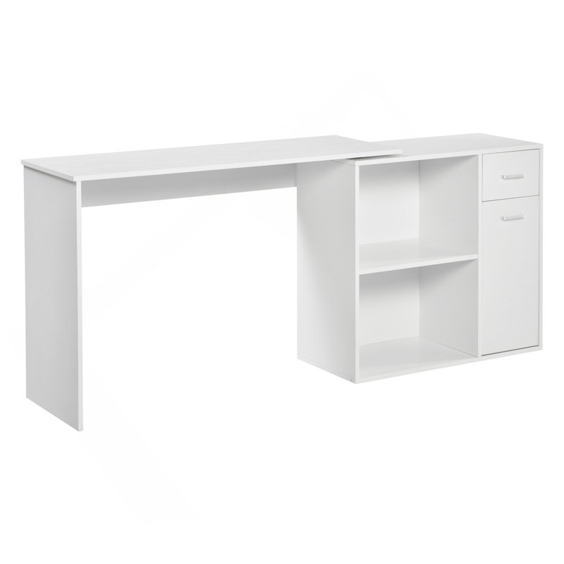 Bureau d'ordinateur en L, bureau d'angle rotatif à 180 ° avec tablettes de rangement, tiroir et armoire, poste de travail pour bureau personnel, blanc
