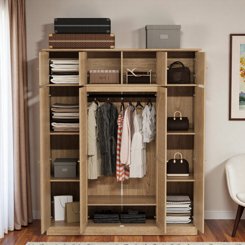 Armoire-penderie à grande capacité avec tringle, tablettes réglables et portes décoratives en rotin, Naturel