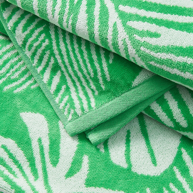 100% Cotton Jacquard Printed 2 Pack Beach Towels, Green/White Palm Leaf & Stripe