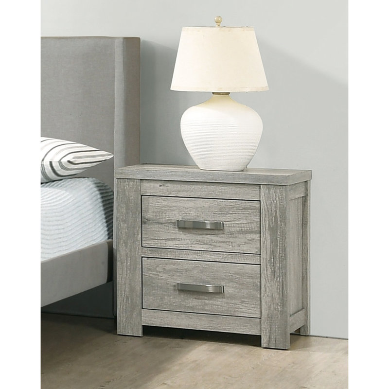 Armoire de chambre grise rustique, 2 tables de chevet, électroménagers
