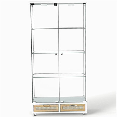Vitrine moderne en verre avec grands tiroirs, armoire antique à assemblage rapide avec lumières DEL, bibliothèque en verre emperé, étui de rangement à 2 portes avec 4 tablettes pour le salon et la chambre à coucher, blanc et naturel