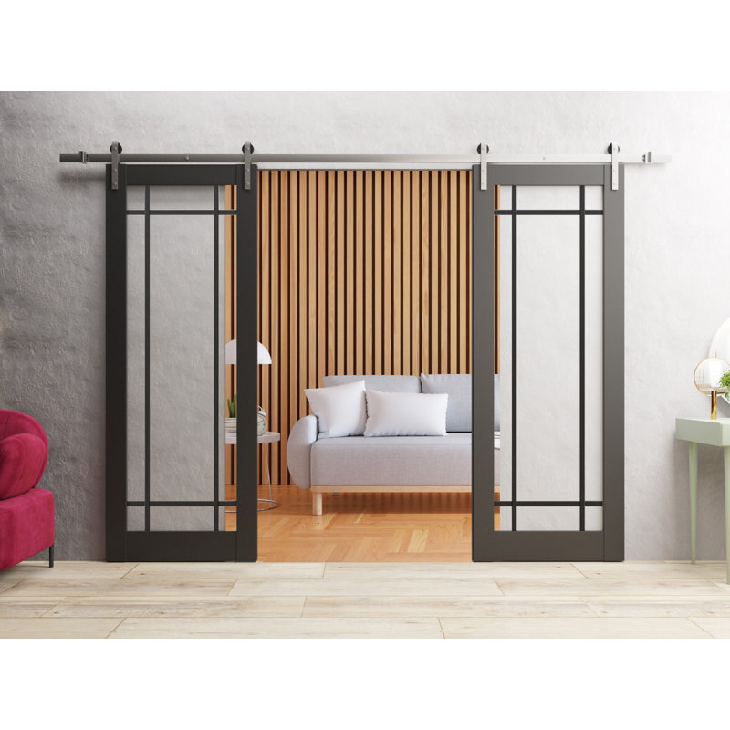 Porte de grange double robuste avec verre transparent | Lucia 2266 | Ensemble lourd de cintres en acier inoxydable 13 pi | Portes intérieures à panneau plein - Rail argenté - Verre transparent