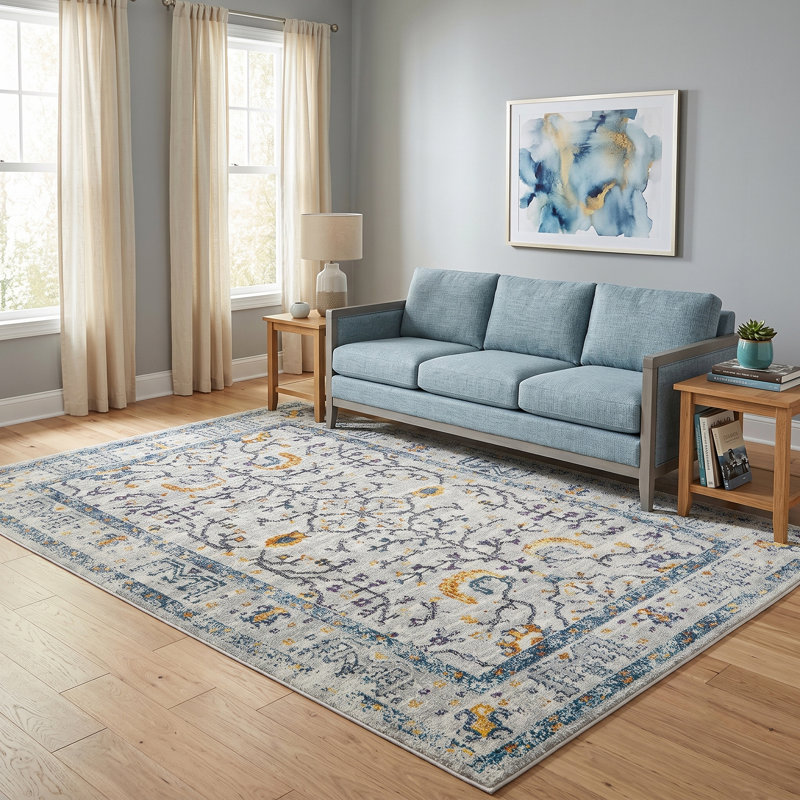Aleyssa Traditional Bordered Durable Performance Blue/Yellow Area Rug, Rectangle 2' x 3'