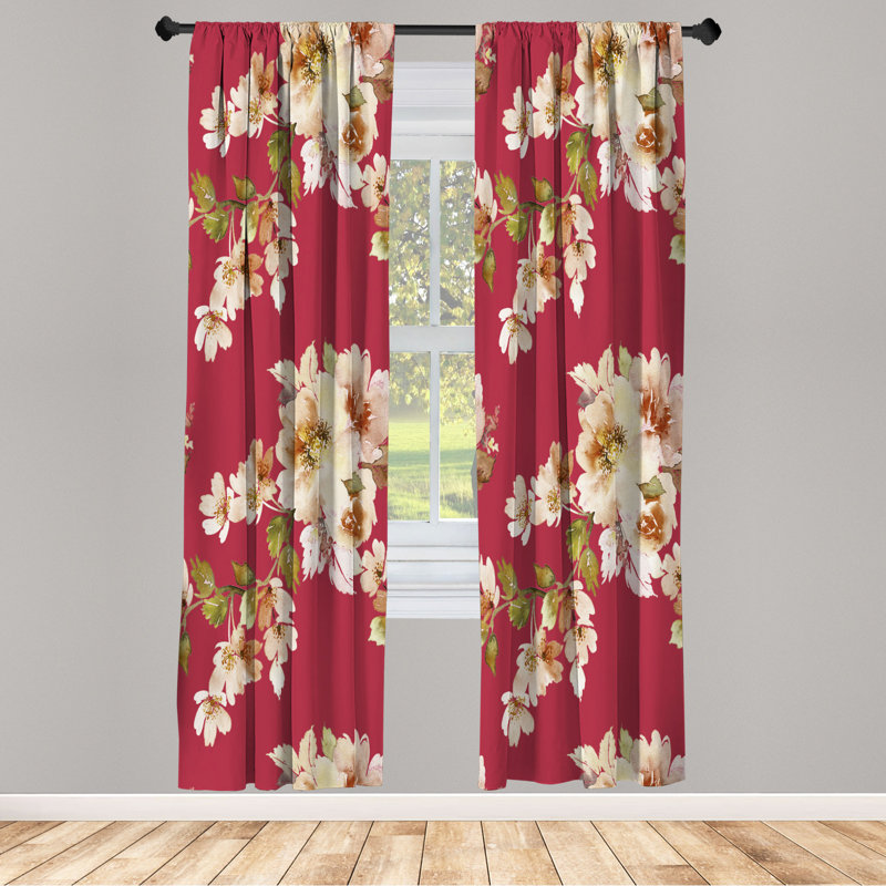 Microfiber Floral Semi-Sheer Rod Pocket Curtain Panels, 28" W x 84" L, Ruby Red