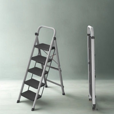 5-Step Foldable Step Ladder Stool With Handle, Heavy Duty 800 Lbs Capacity, Anti-Slip Wide Pedals & Feet, Automatic Safety Lock, No Assembly Required For Home Kitchen Use
