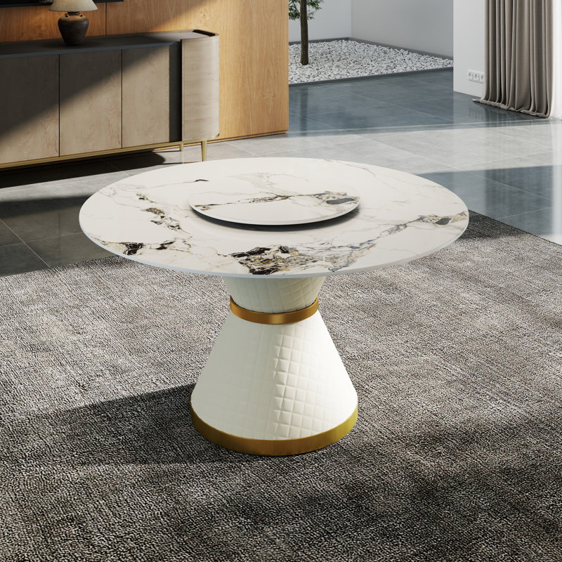 Patsy Round Dining Table with Rotating Tray, 29.5" H x 53" W x 53" L, Patek White